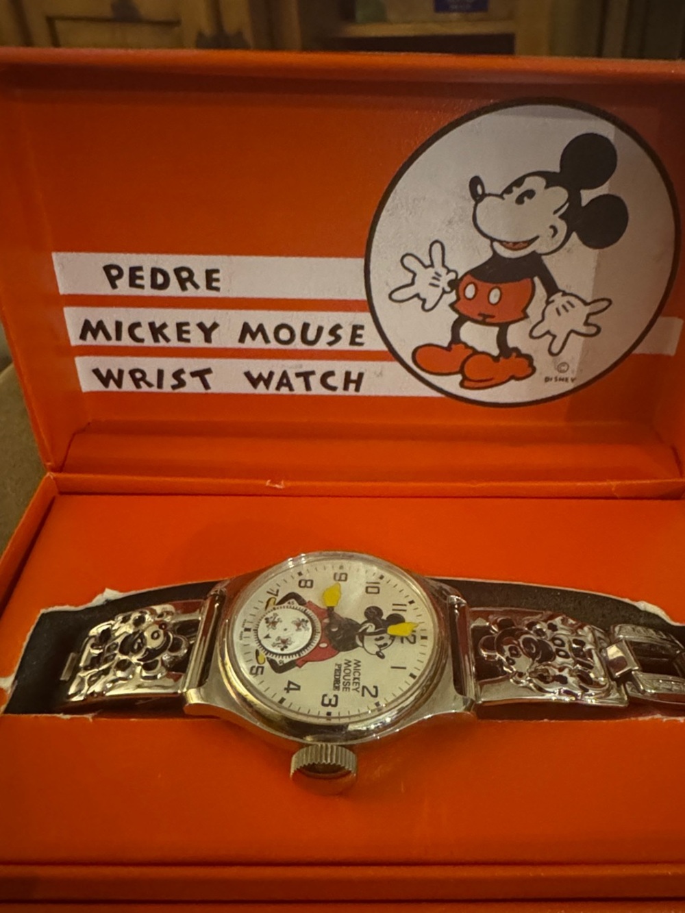 Disney Silver Mickey Mouse Watch with Orange Box Accent